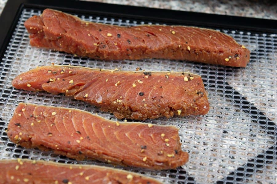 Salmon jerky on dehydrator tray