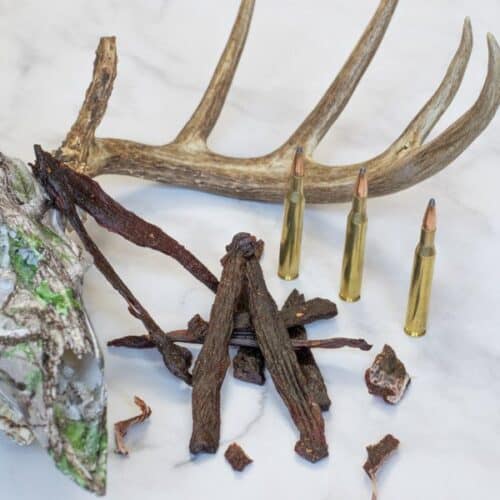 Venison jerky with skull and bullets