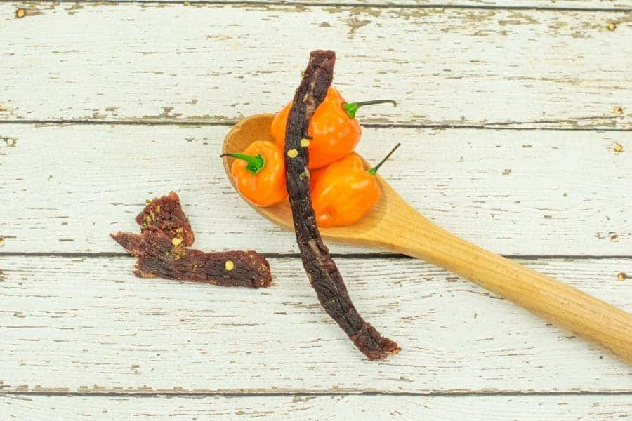 Firemans beef jerky with spoon of habaneros