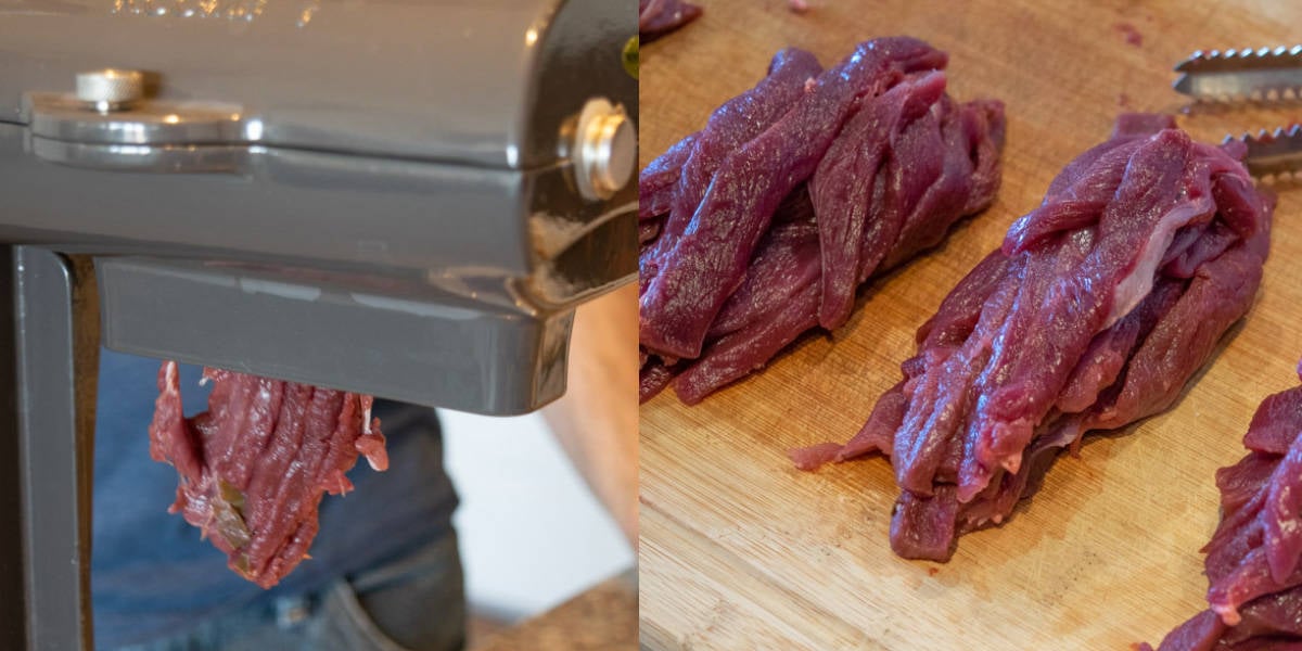 Sliced deer in slicer and on cutting board