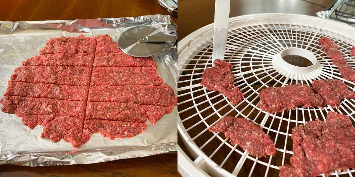 Meat scored with knife into strips and then placed on dehydrator tray