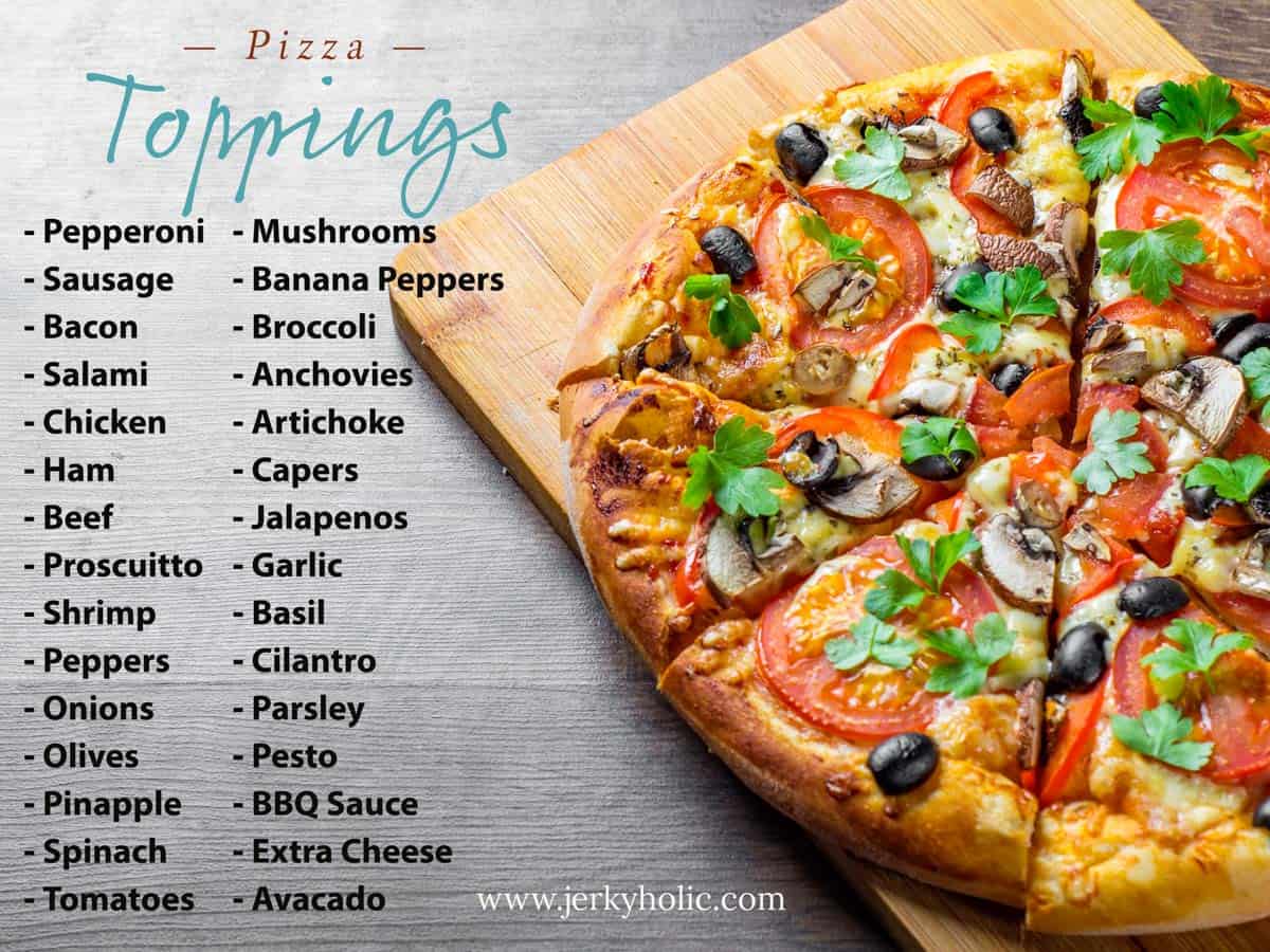 Picture of a pizza and a list of toppings