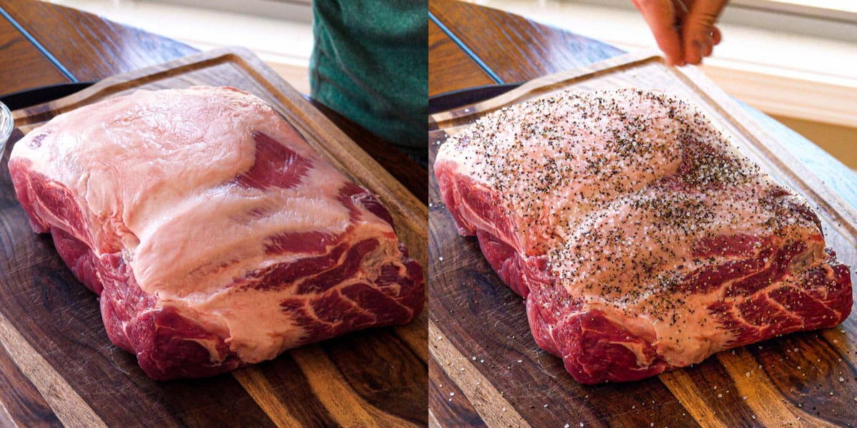 Pork shoulder on cutting board before and after seasoning with S&P