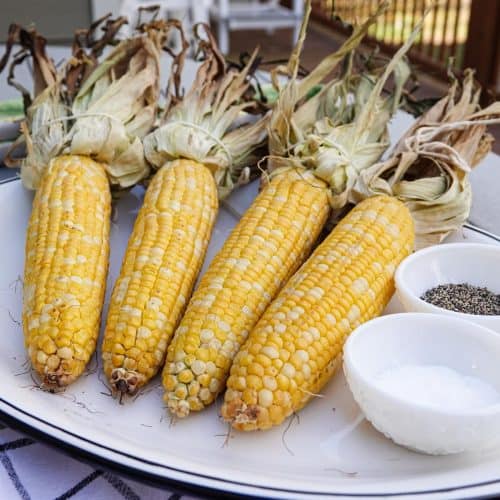 Corn on plate with salt and pepper
