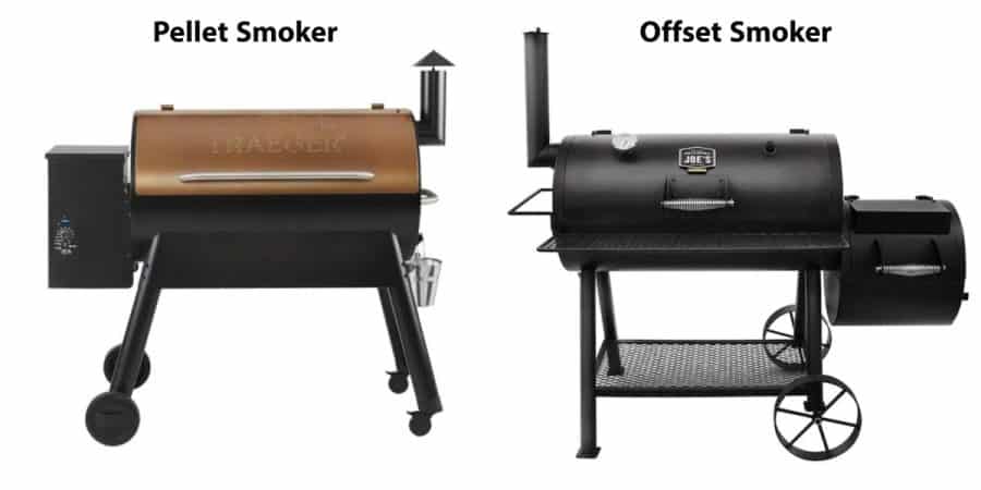 a pellet smoker next to an offset smoker
