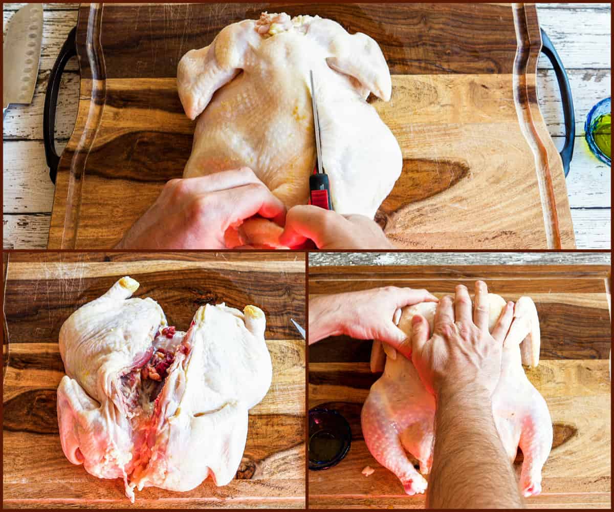 Removing the backbone of roaster chicken with poultry shears on wood cutting board