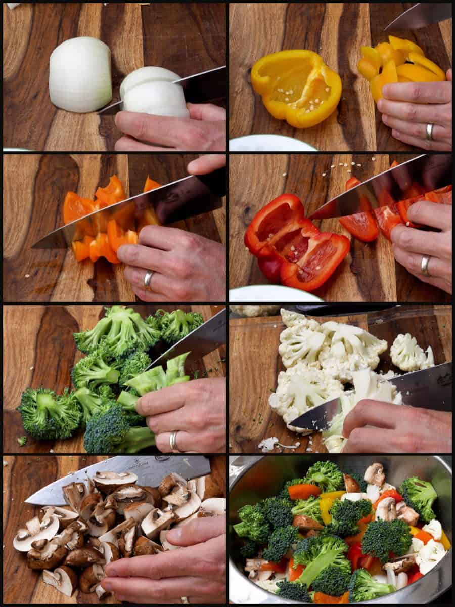 Eight images of vegetables being sliced into 1" pieces