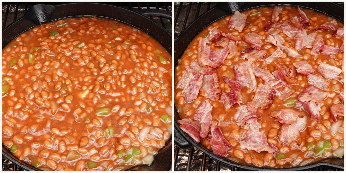 Baked beans in cast iron pan with bacon on top