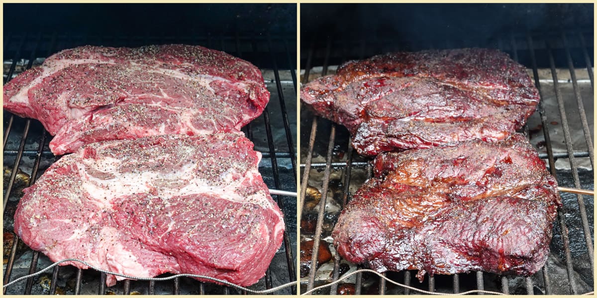 two chuck roasts, one first on smoker and the next finished smoking
