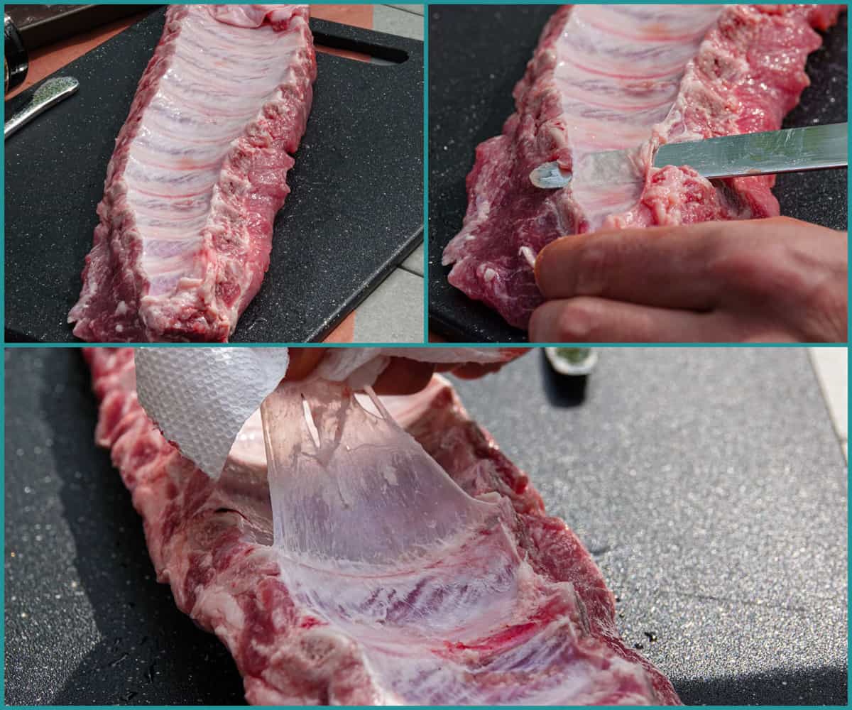 Baby back ribs in three different stages of having the thin membrane removed from the bottom of the rack.