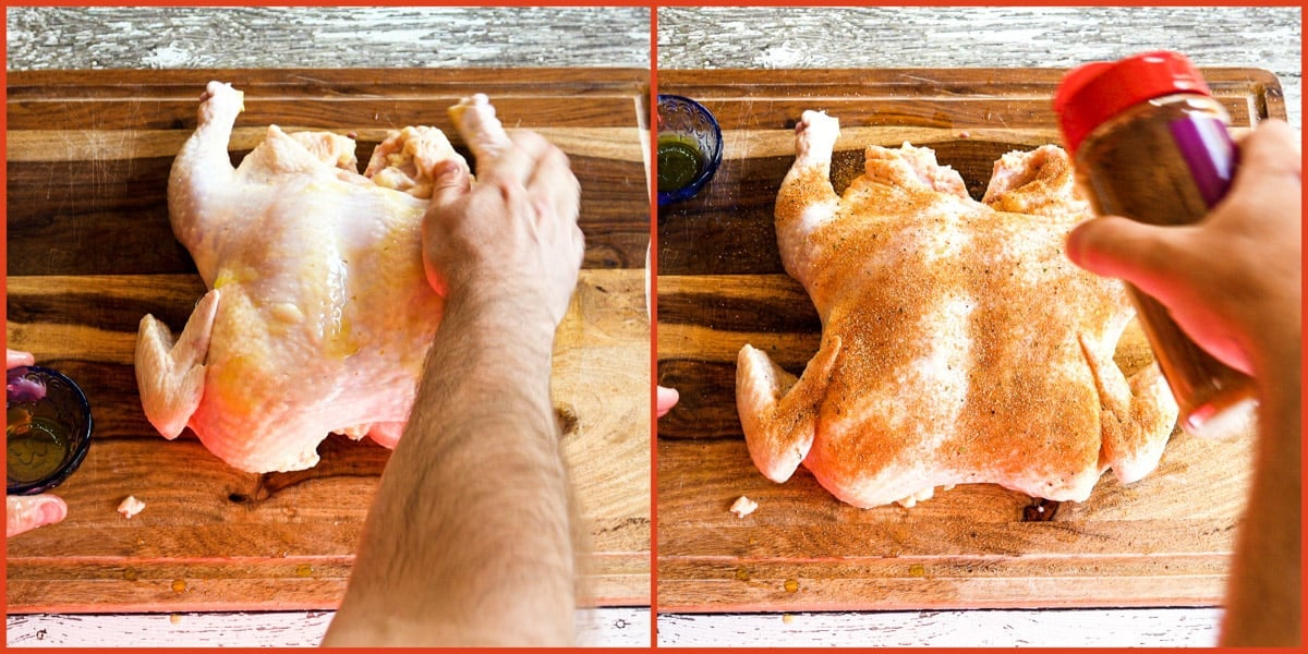 Rubbing spatchcock chicken with olive oil and seasoning