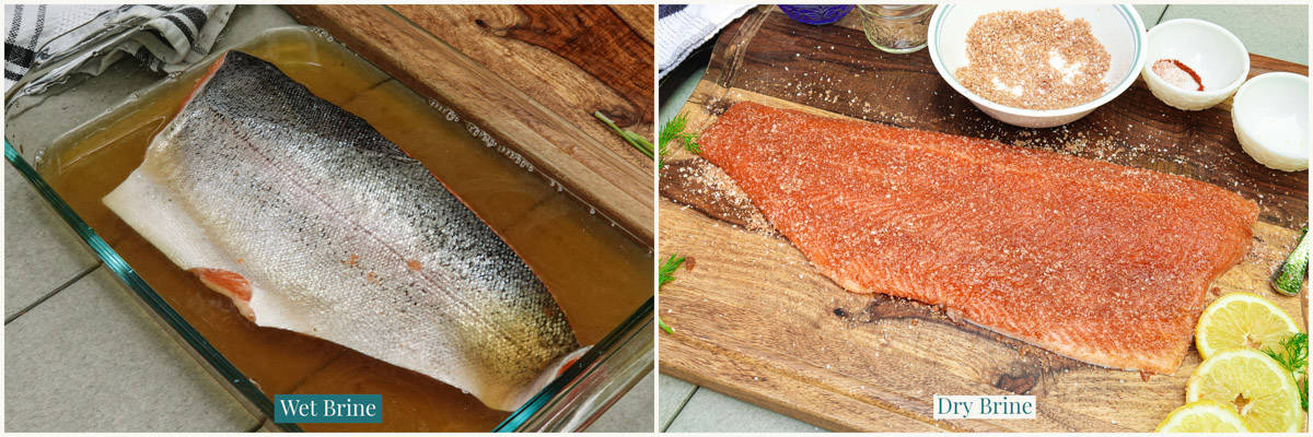 Trout filets brining in water and with dry brine