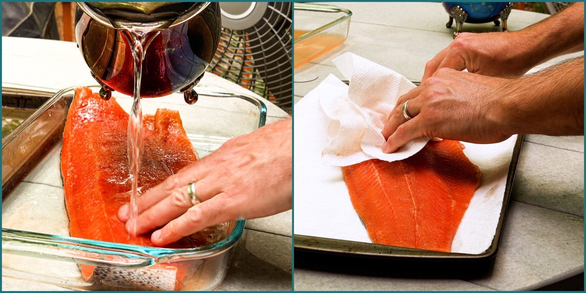 Washing trout filet with water and drying it with paper towel