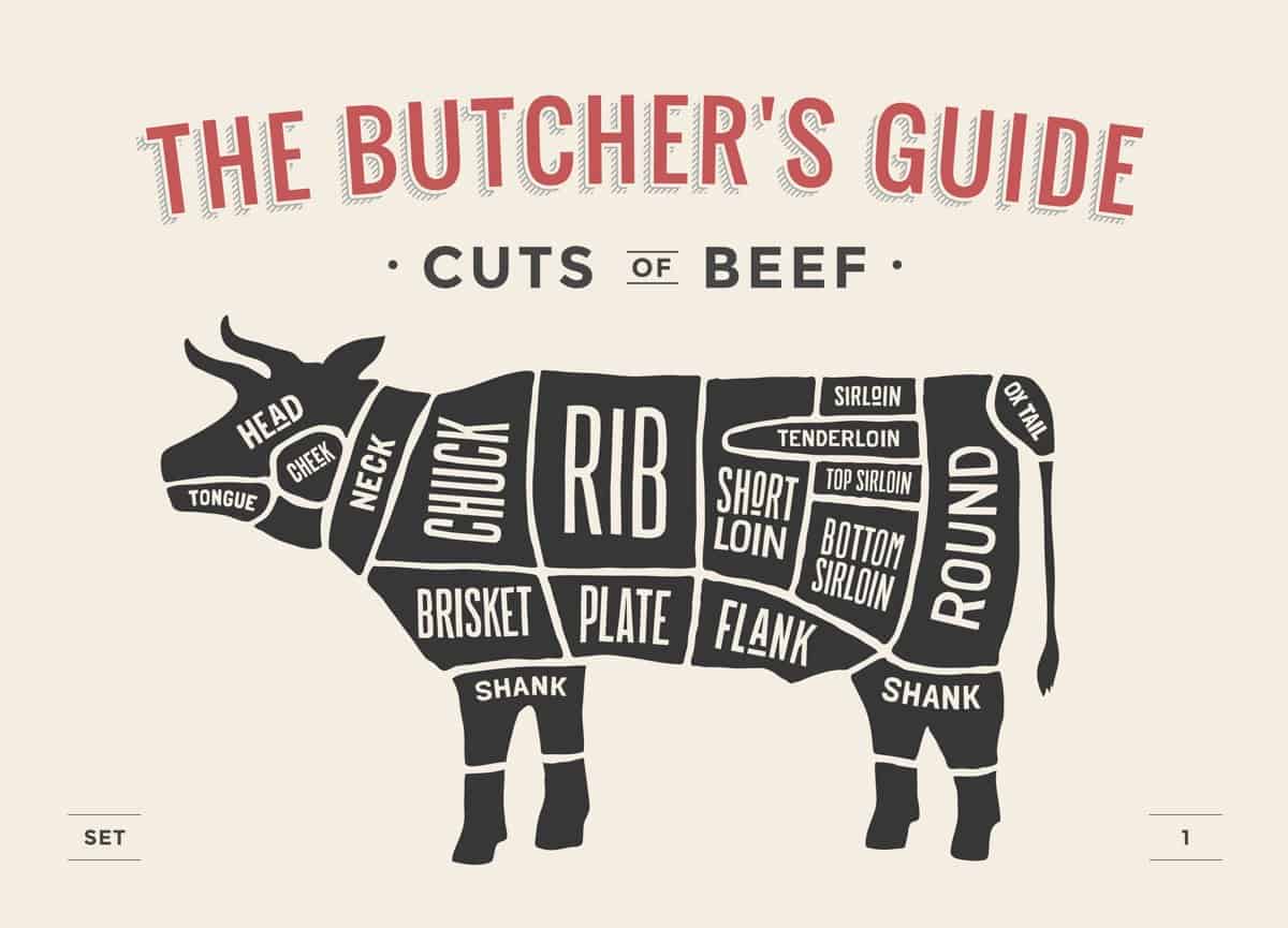 Diagram of cow showing where each cut of beef comes from on the animal.