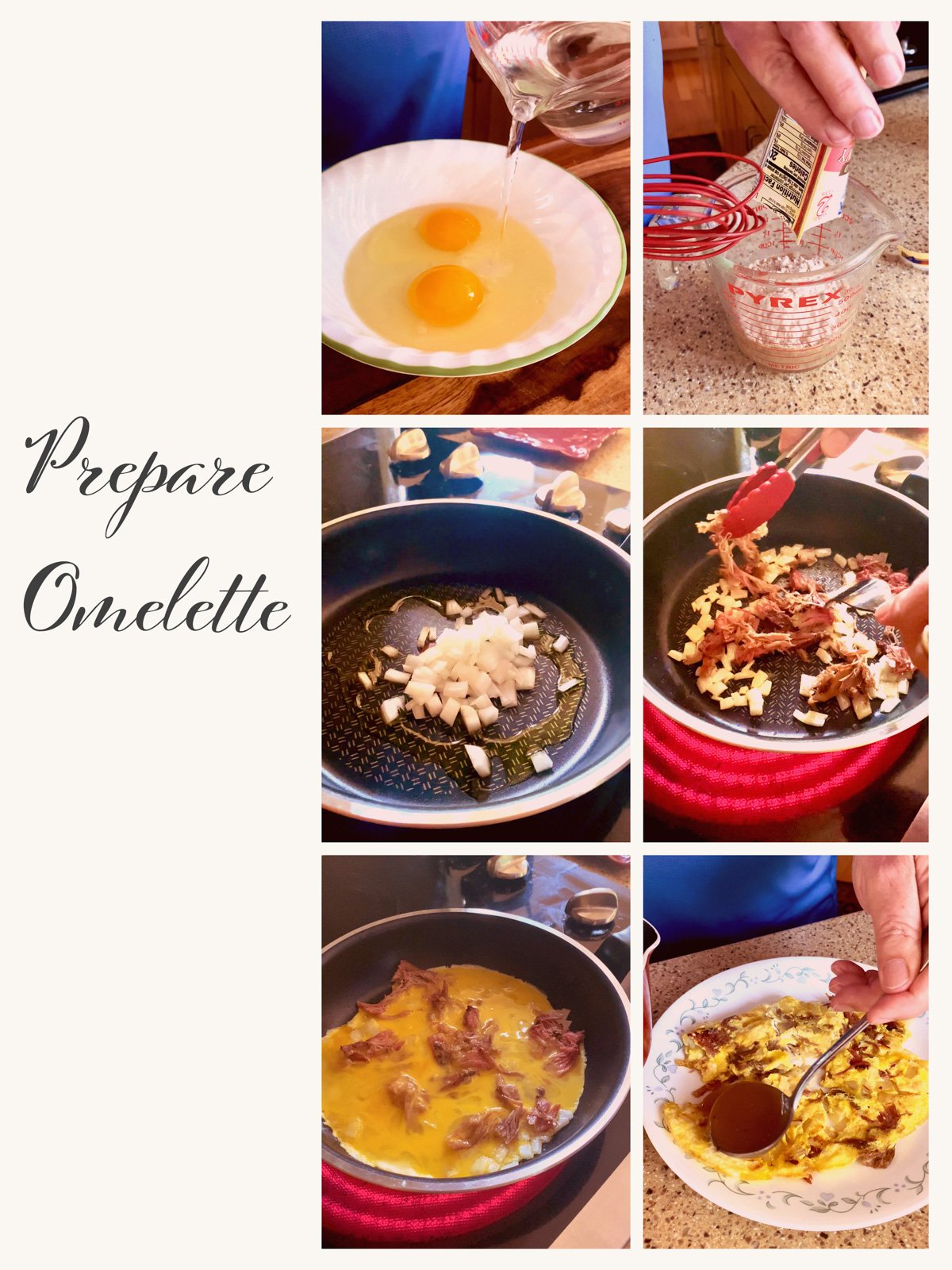 six picture collage of how to make egg foo young omelette