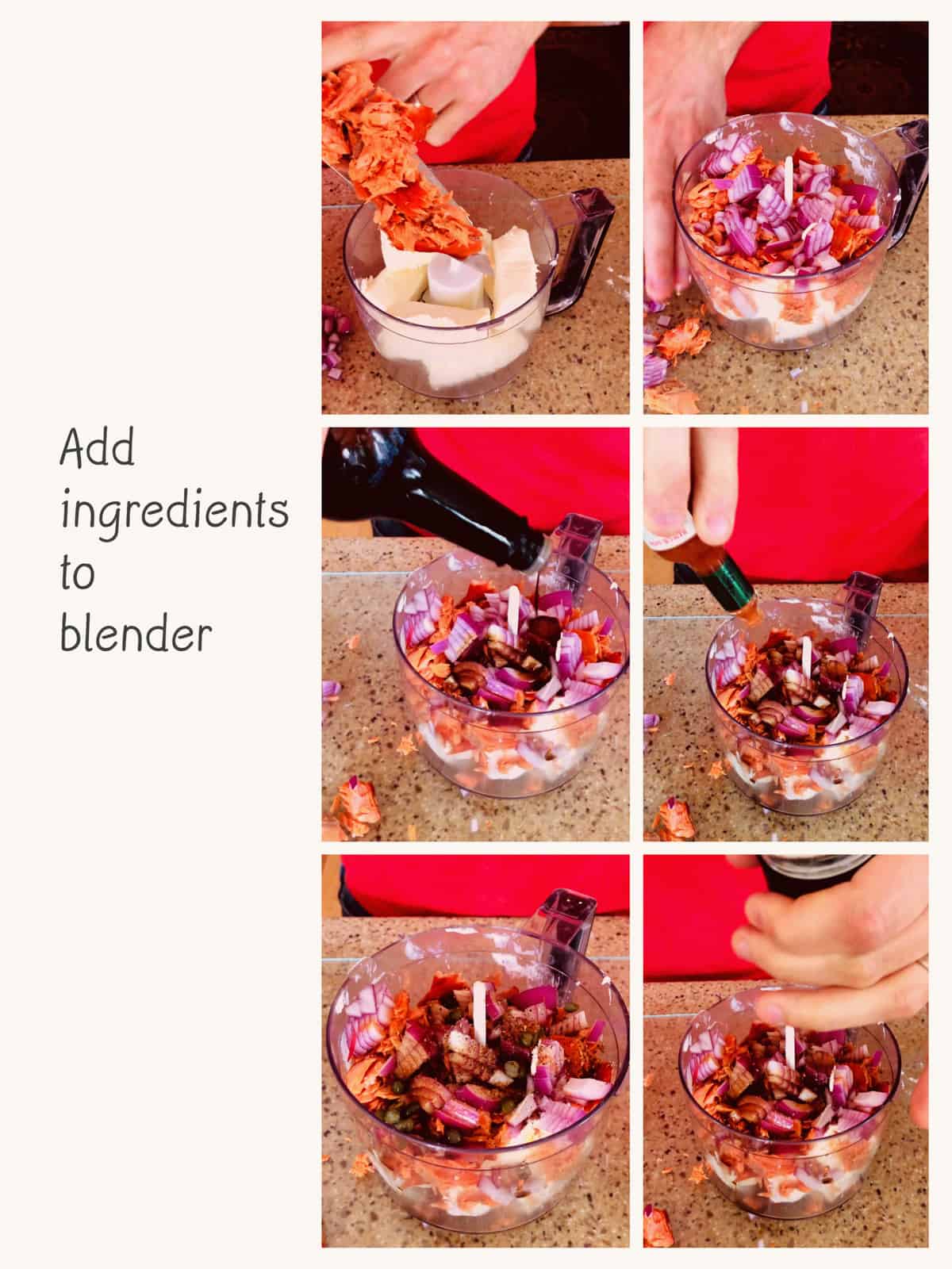 Adding all ingredients to blender to make salmon dip
