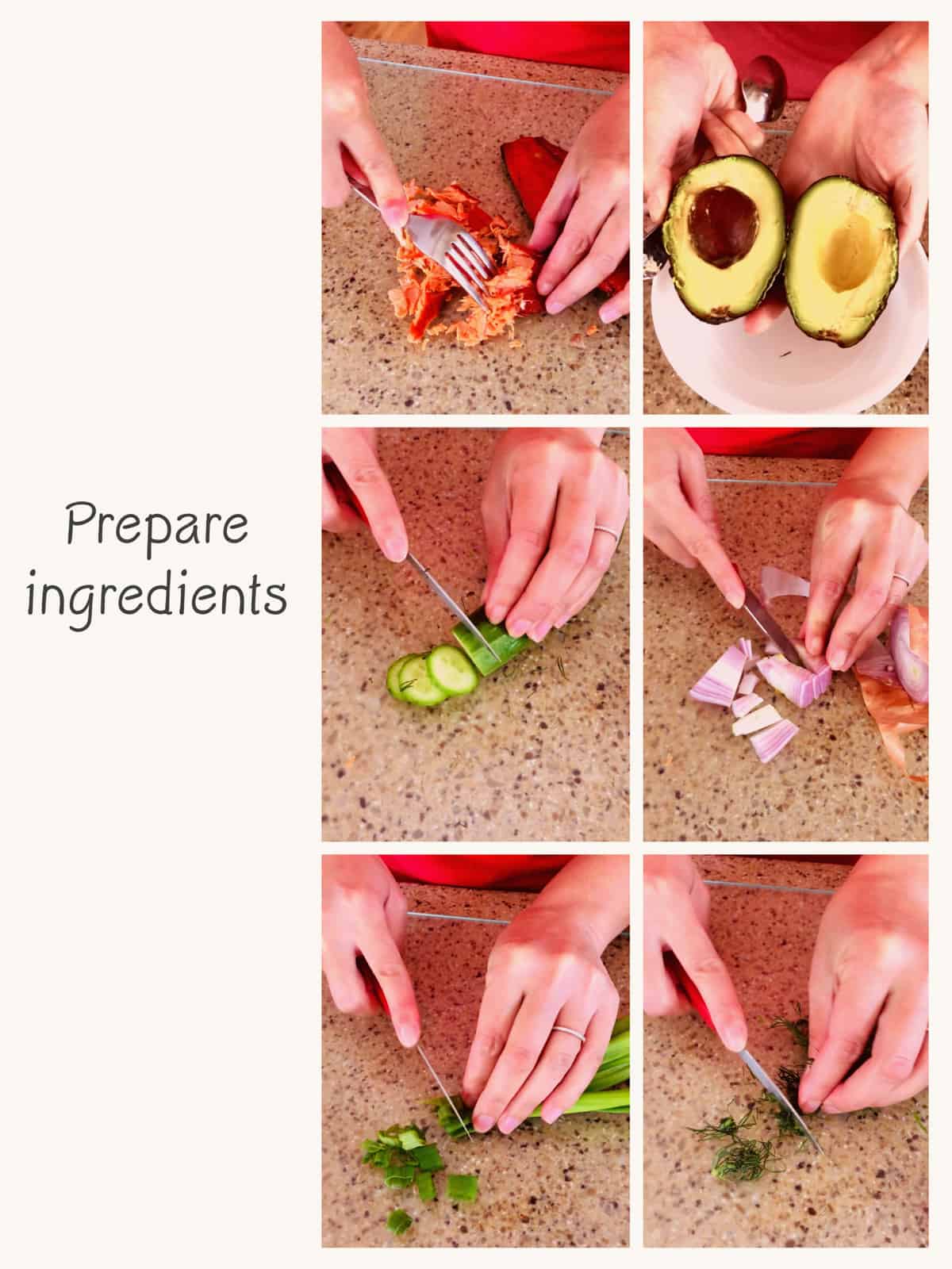 six picture collage on how to prepare ingredients for salmon toast