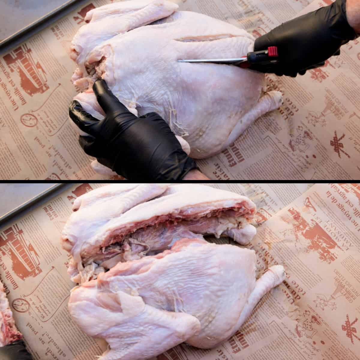 Cutting the backbone from a turkey with kitchen shears and a turkey with backbone completely removed.