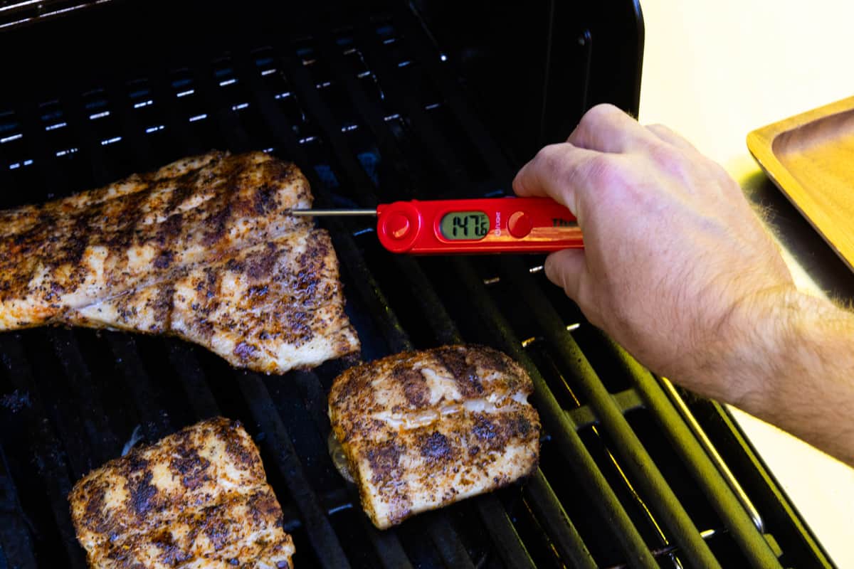 Grilled fish filets on grill being checked with a meat thermometer reading 147 degrees.